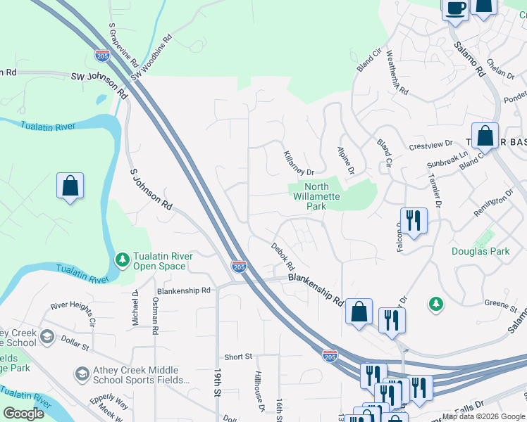 map of restaurants, bars, coffee shops, grocery stores, and more near 1400 Rosemarie Drive in West Linn