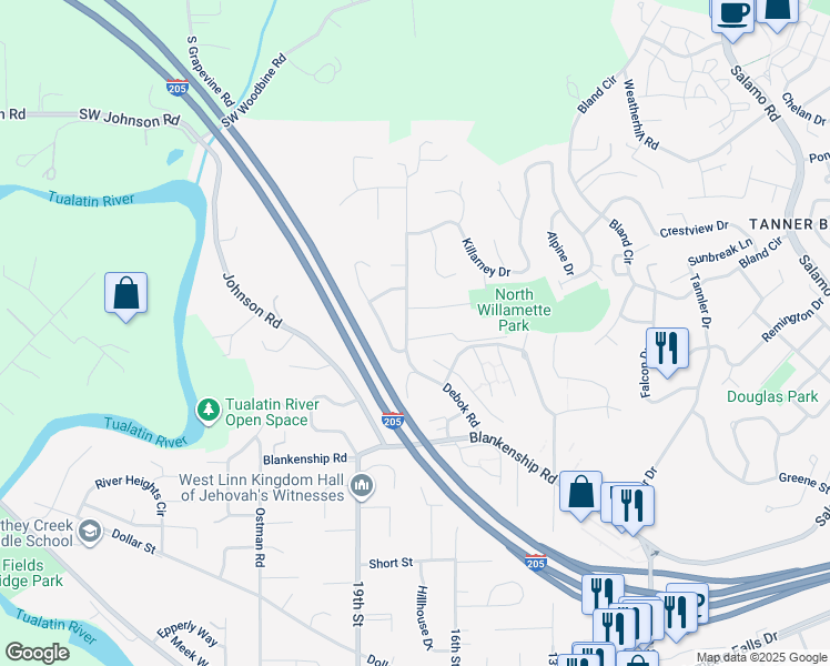map of restaurants, bars, coffee shops, grocery stores, and more near 1400 Rosemarie Drive in West Linn