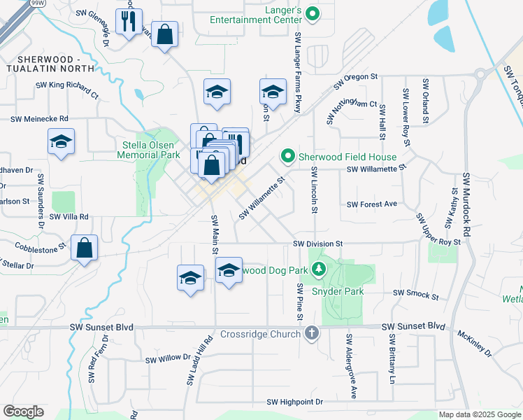 map of restaurants, bars, coffee shops, grocery stores, and more near 15640 Southwest Willamette Street in Sherwood