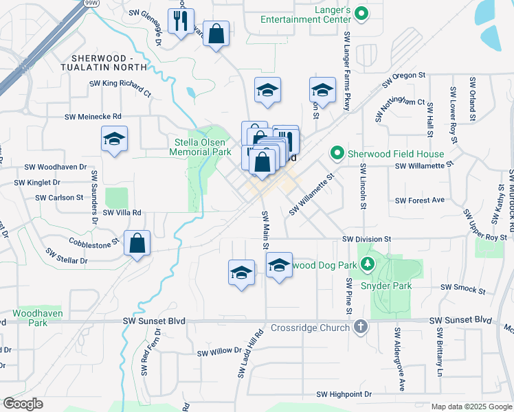 map of restaurants, bars, coffee shops, grocery stores, and more near 22559 Southwest Main Street in Sherwood