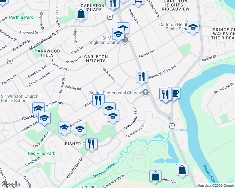 map of restaurants, bars, coffee shops, grocery stores, and more near in Ottawa