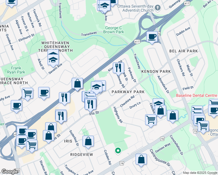 map of restaurants, bars, coffee shops, grocery stores, and more near 2155 Elmira Drive in Ottawa