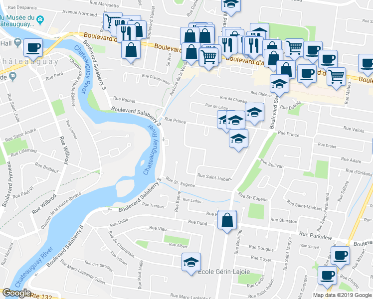 map of restaurants, bars, coffee shops, grocery stores, and more near 60 Rue Lautrec in Châteauguay