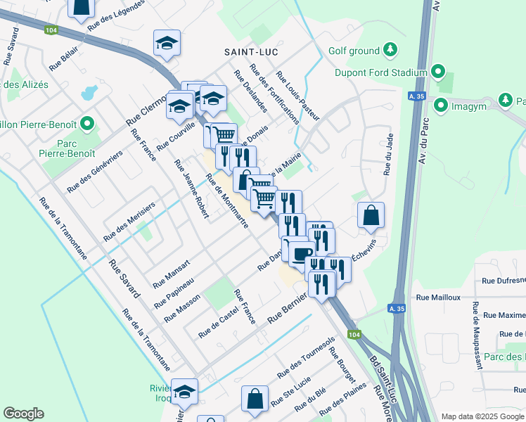 map of restaurants, bars, coffee shops, grocery stores, and more near 276 Boulevard Saint-Luc in Saint-Jean-sur-Richelieu