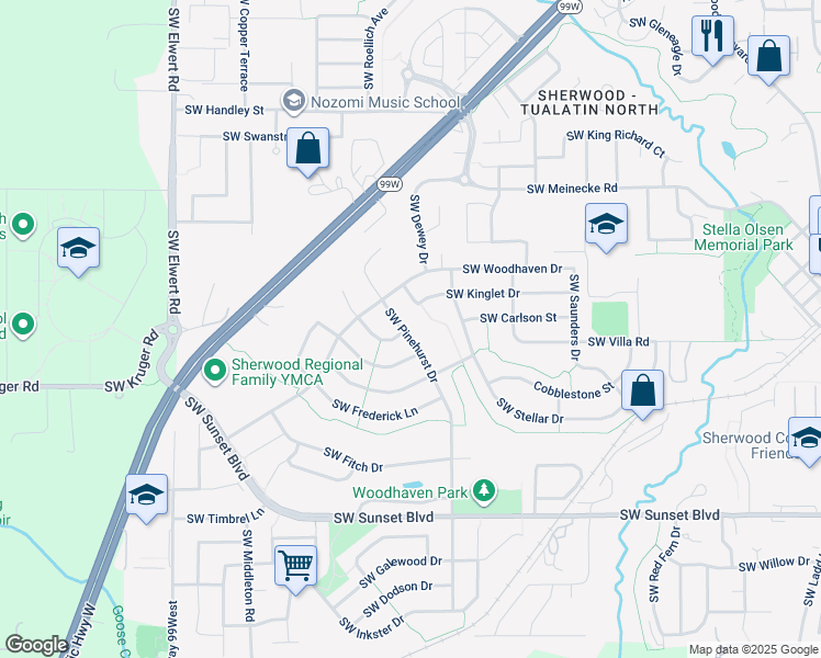map of restaurants, bars, coffee shops, grocery stores, and more near 22804 Southwest Pinehurst Drive in Sherwood
