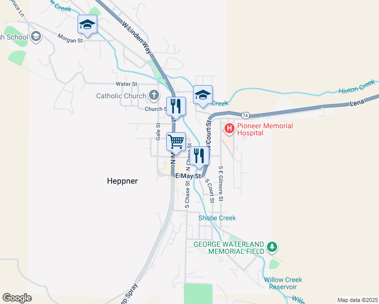 map of restaurants, bars, coffee shops, grocery stores, and more near 270 North Chase Street in Heppner