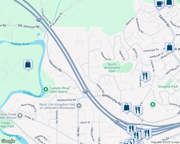 map of restaurants, bars, coffee shops, grocery stores, and more near 1400 Rosemarie Drive in West Linn