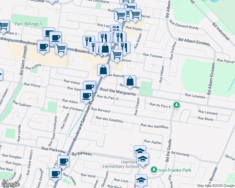 map of restaurants, bars, coffee shops, grocery stores, and more near 20 Boulevard Sainte-Marguerite in Châteauguay