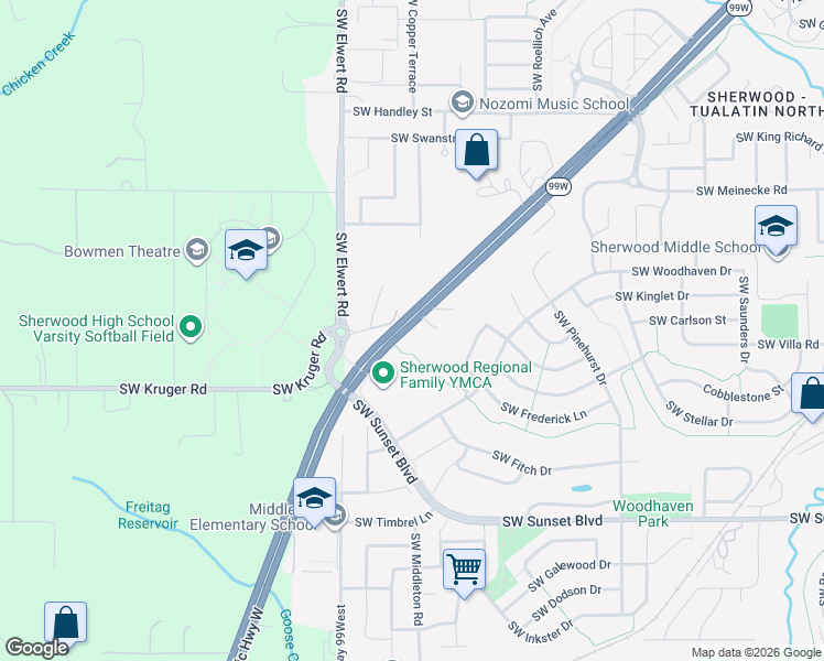 map of restaurants, bars, coffee shops, grocery stores, and more near 22804 Southwest Forest Creek Drive in Sherwood