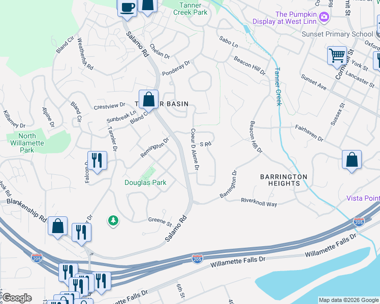 map of restaurants, bars, coffee shops, grocery stores, and more near 3549 South Road in West Linn
