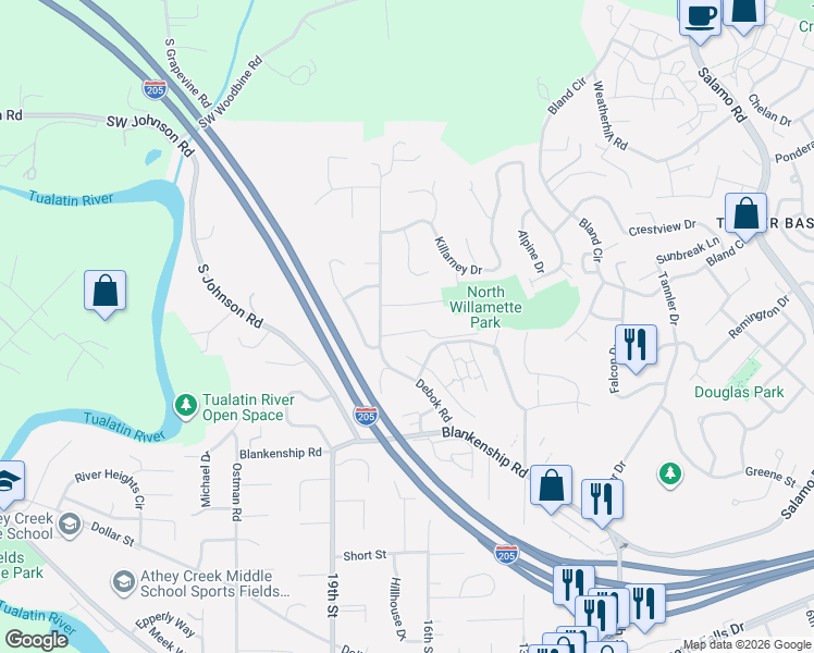 map of restaurants, bars, coffee shops, grocery stores, and more near 1411 Rosemarie Drive in West Linn