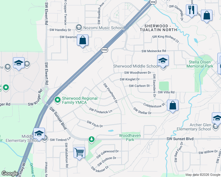 map of restaurants, bars, coffee shops, grocery stores, and more near 22738 Southwest Pinehurst Drive in Sherwood