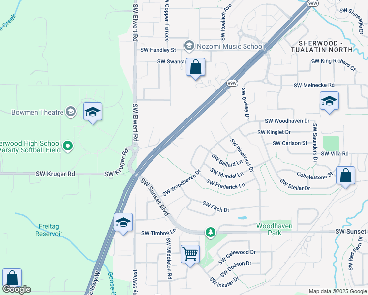 map of restaurants, bars, coffee shops, grocery stores, and more near 22830 Southwest Forest Creek Drive in Sherwood