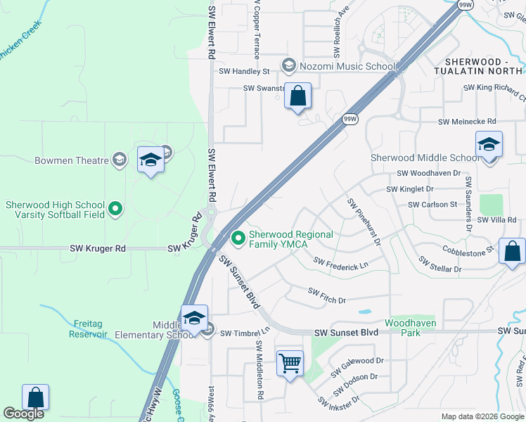map of restaurants, bars, coffee shops, grocery stores, and more near 22780 Southwest Elwert Road in Sherwood