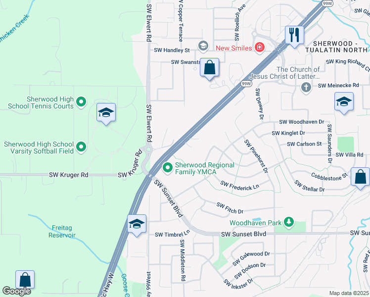 map of restaurants, bars, coffee shops, grocery stores, and more near 22780 Southwest Elwert Road in Sherwood