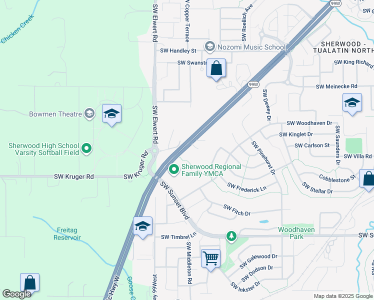 map of restaurants, bars, coffee shops, grocery stores, and more near 22780 Southwest Elwert Road in Sherwood