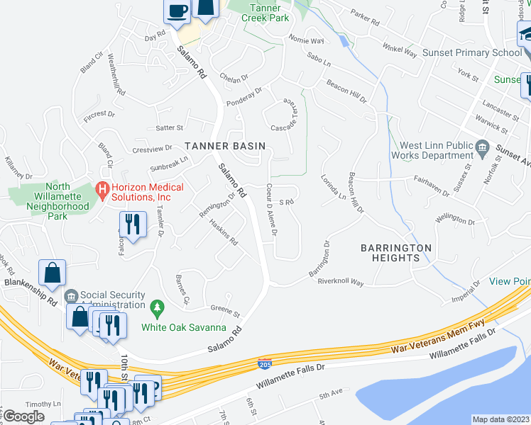 map of restaurants, bars, coffee shops, grocery stores, and more near 2536 Coeur D Alene Drive in West Linn