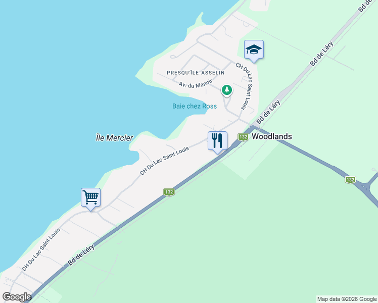 map of restaurants, bars, coffee shops, grocery stores, and more near 670 Chemin du Lac-Saint-Louis in Léry