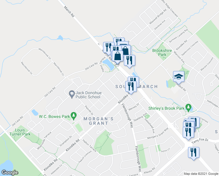 map of restaurants, bars, coffee shops, grocery stores, and more near 220 Flamborough Way in Ottawa