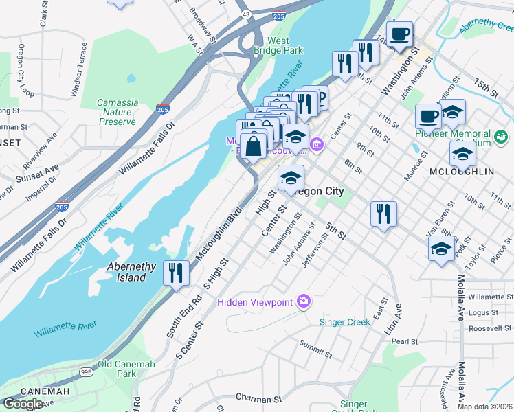 map of restaurants, bars, coffee shops, grocery stores, and more near 315 High Street in Oregon City