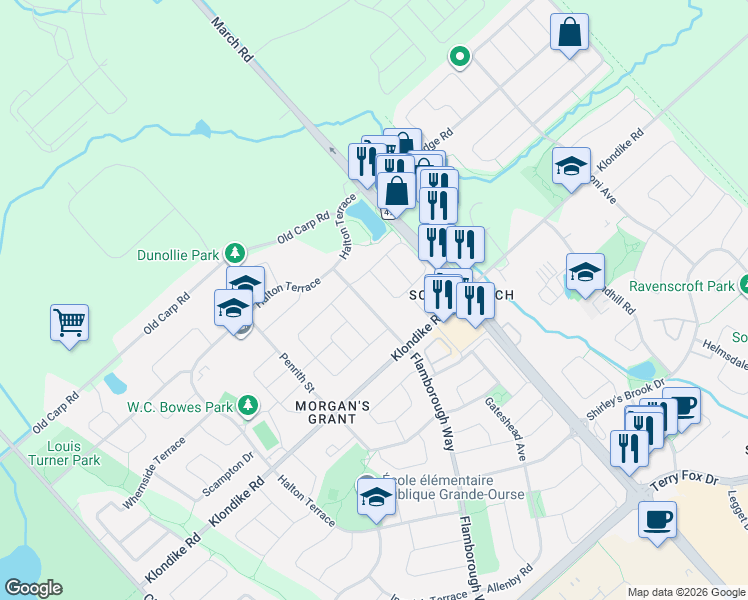 map of restaurants, bars, coffee shops, grocery stores, and more near 218 Flamborough Way in Ottawa
