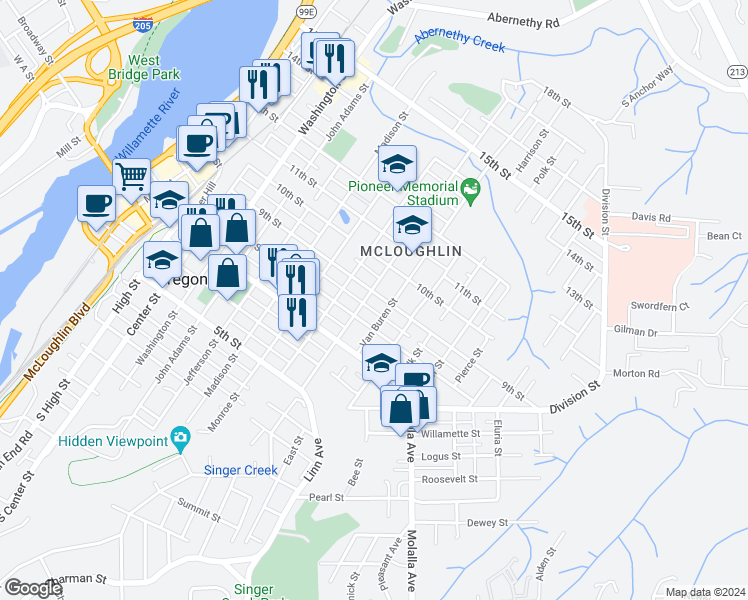 map of restaurants, bars, coffee shops, grocery stores, and more near 1206 9th Street in Oregon City