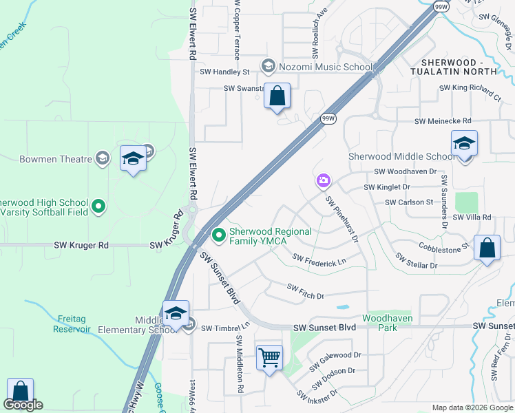 map of restaurants, bars, coffee shops, grocery stores, and more near 22832 Southwest Forest Creek Drive in Sherwood