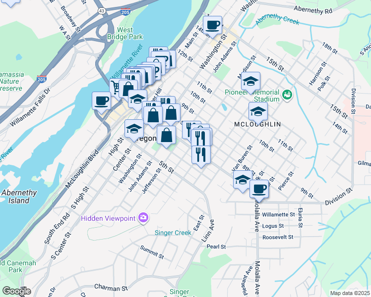 map of restaurants, bars, coffee shops, grocery stores, and more near in Oregon City