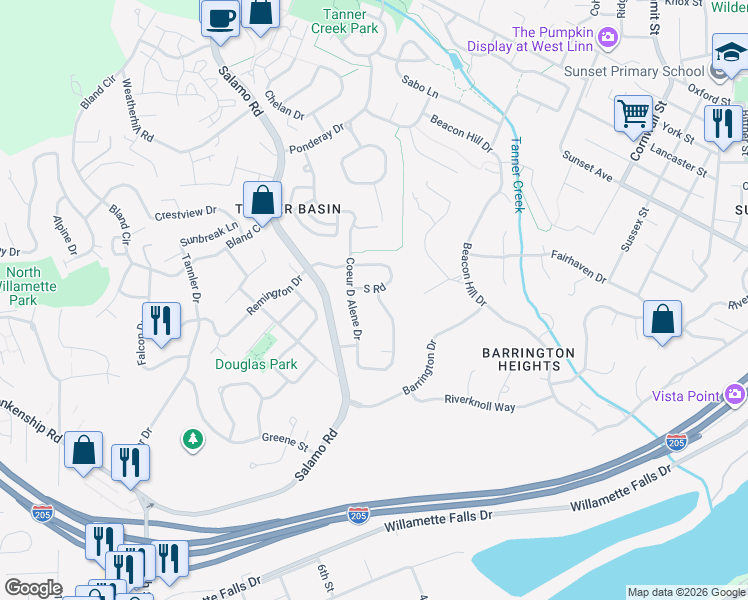 map of restaurants, bars, coffee shops, grocery stores, and more near 3438 Vista Ridge Drive in West Linn