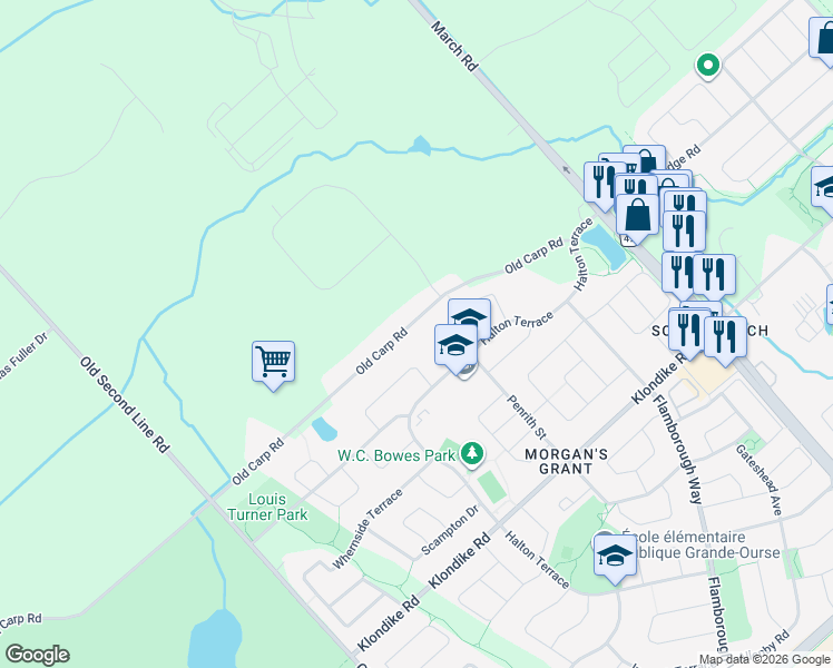map of restaurants, bars, coffee shops, grocery stores, and more near 1190 Old Carp Road in Ottawa