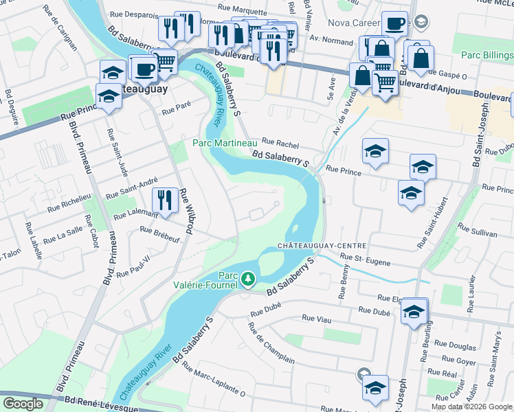 map of restaurants, bars, coffee shops, grocery stores, and more near 23 Rue des Galets in Châteauguay