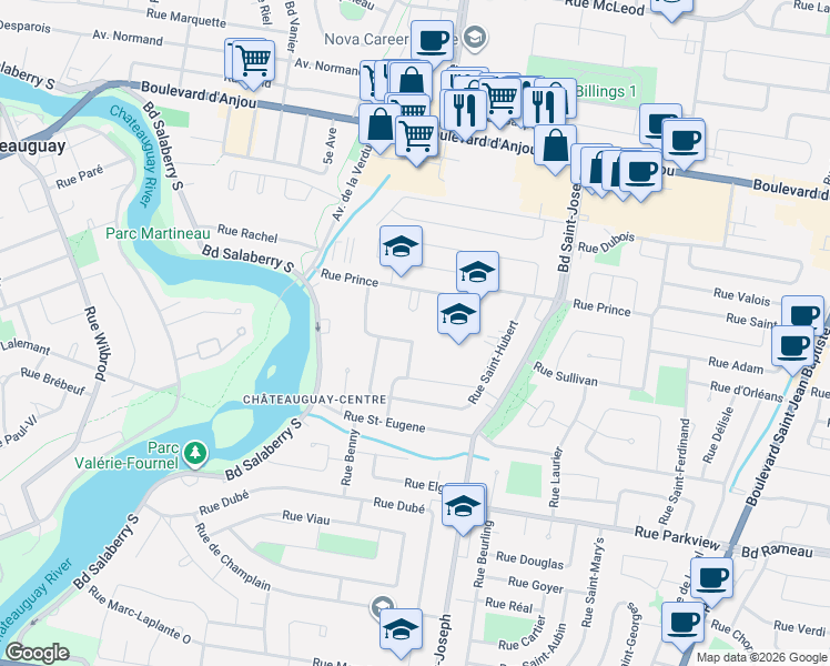 map of restaurants, bars, coffee shops, grocery stores, and more near 85 Rue Lautrec in Châteauguay