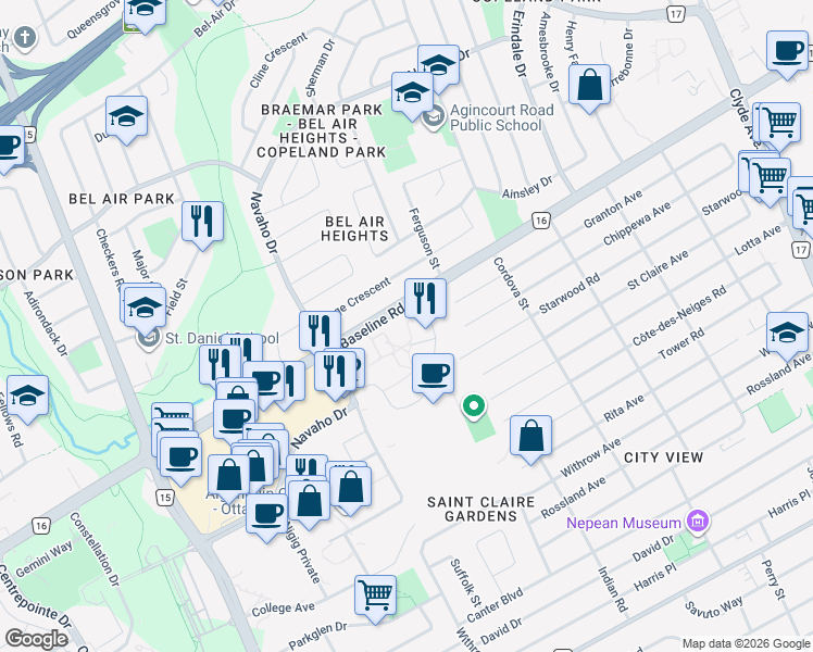 map of restaurants, bars, coffee shops, grocery stores, and more near 1800 Baseline Road in Ottawa