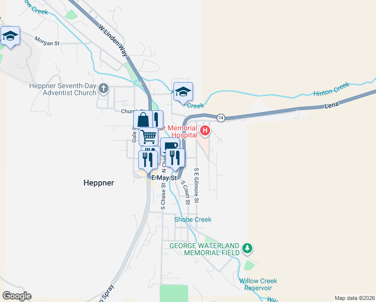 map of restaurants, bars, coffee shops, grocery stores, and more near 240 North Court Street in Heppner
