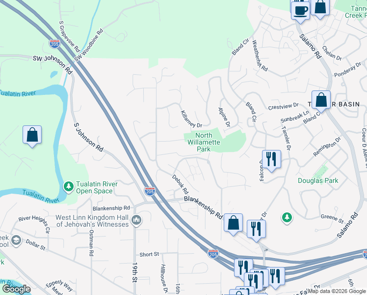 map of restaurants, bars, coffee shops, grocery stores, and more near 1618 Village Park Place in West Linn