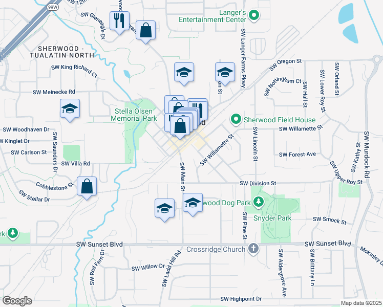 map of restaurants, bars, coffee shops, grocery stores, and more near 22833 Southwest Washington Street in Sherwood