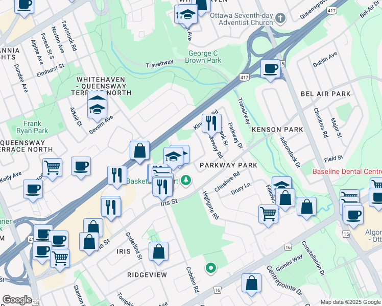 map of restaurants, bars, coffee shops, grocery stores, and more near 2123 Kingsley Road in Ottawa