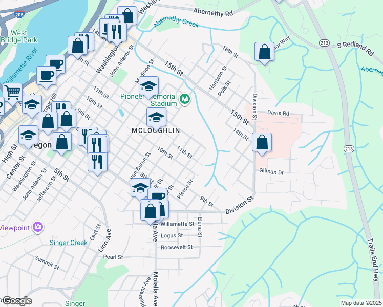 map of restaurants, bars, coffee shops, grocery stores, and more near 1103 Taylor Street in Oregon City