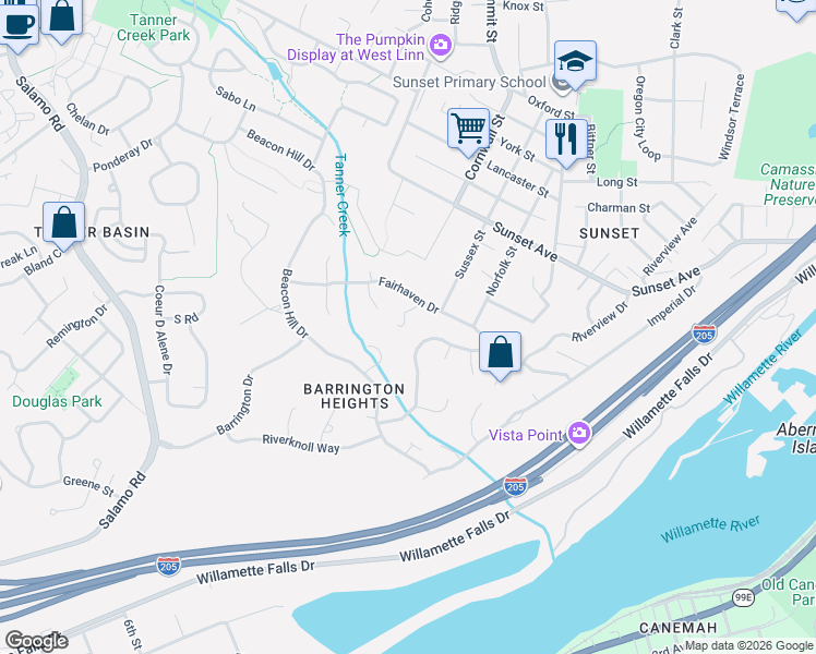 map of restaurants, bars, coffee shops, grocery stores, and more near 3808 Fairhaven Drive in West Linn