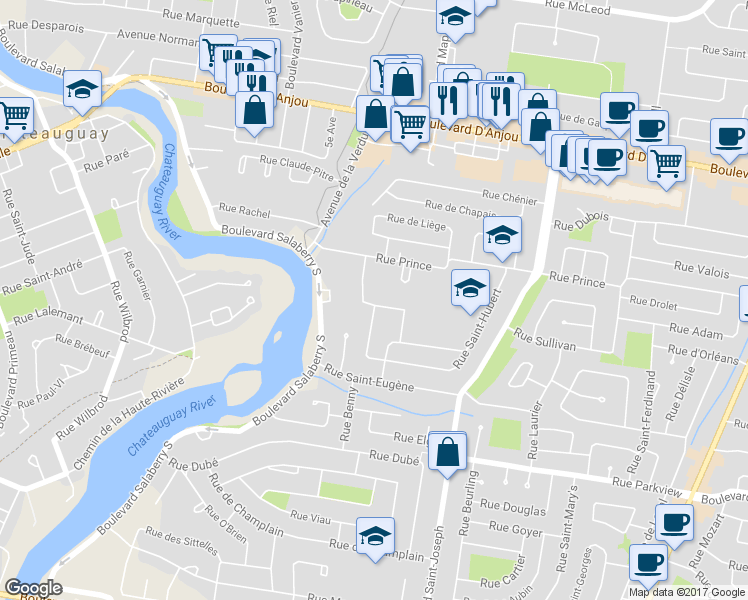map of restaurants, bars, coffee shops, grocery stores, and more near 55 Rue Lautrec in Châteauguay