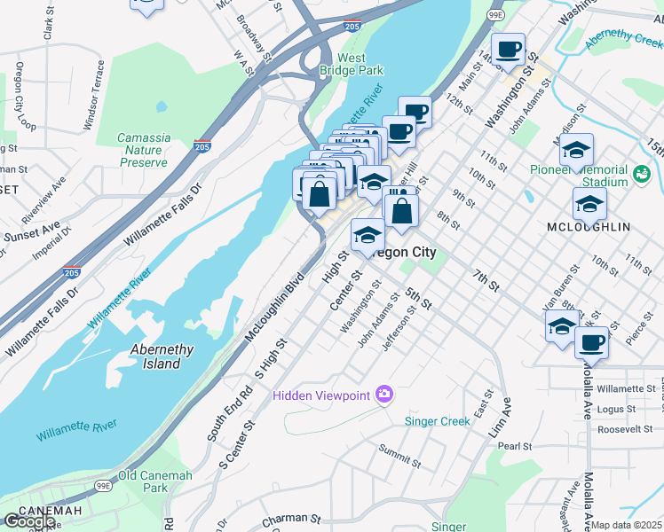map of restaurants, bars, coffee shops, grocery stores, and more near 319 4th Street in Oregon City