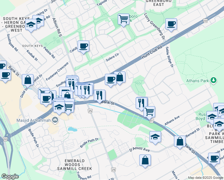 map of restaurants, bars, coffee shops, grocery stores, and more near 1517 Sieveright Avenue in Ottawa