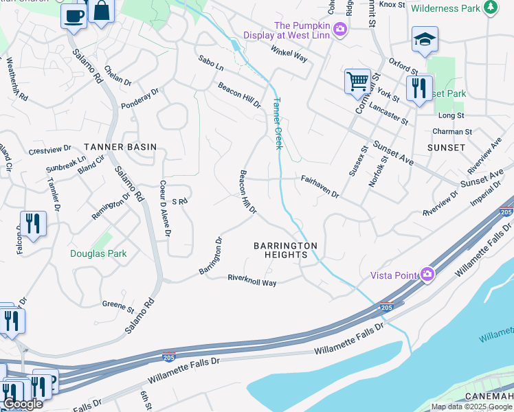 map of restaurants, bars, coffee shops, grocery stores, and more near 2798 Beacon Hill Drive in West Linn