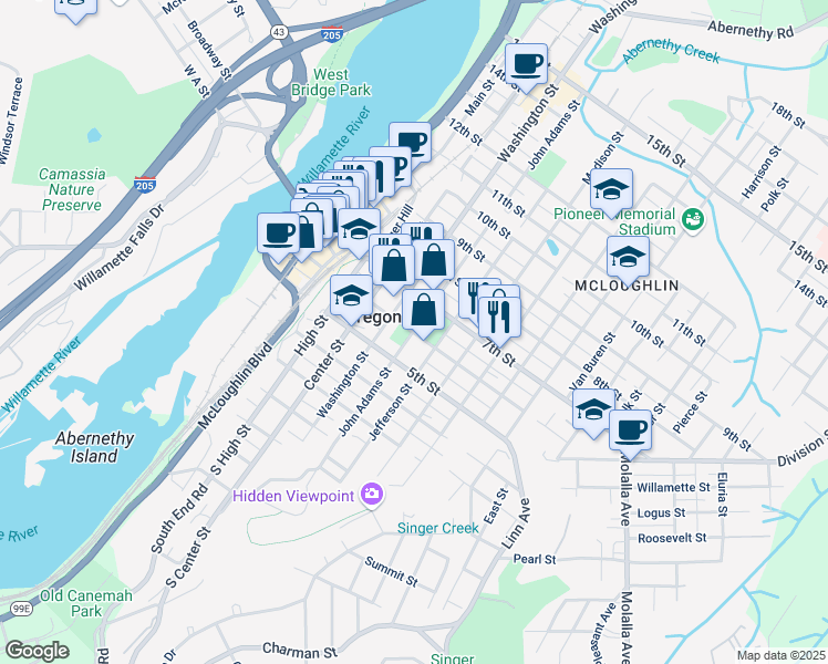 map of restaurants, bars, coffee shops, grocery stores, and more near 1009 7th Street in Oregon City