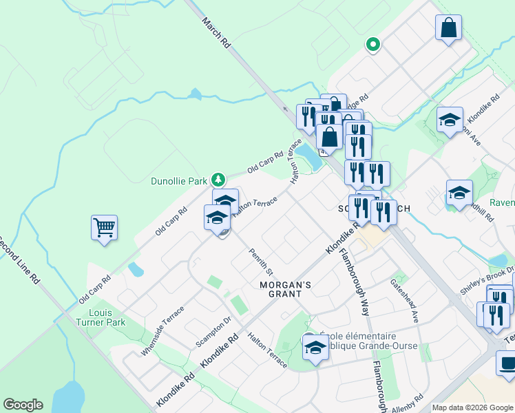 map of restaurants, bars, coffee shops, grocery stores, and more near 1147 Halton Terrace in Ottawa