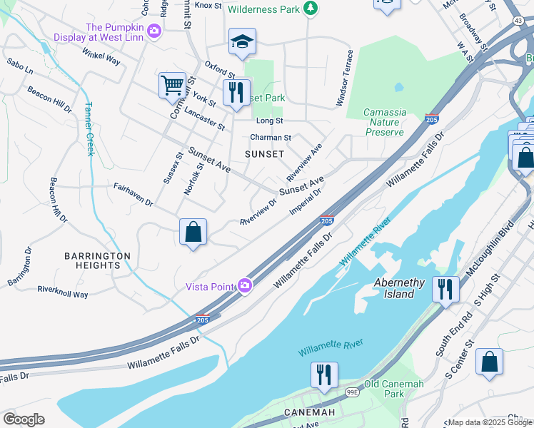 map of restaurants, bars, coffee shops, grocery stores, and more near 4251 Riverview Drive in West Linn