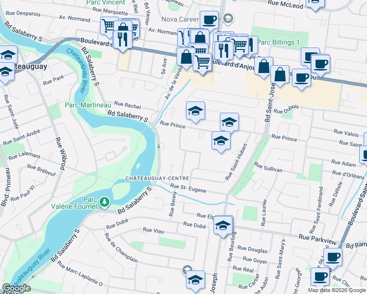 map of restaurants, bars, coffee shops, grocery stores, and more near 45 Rue Lautrec in Châteauguay