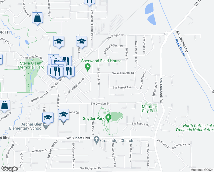 map of restaurants, bars, coffee shops, grocery stores, and more near 22779 Southwest Norton Street in Sherwood