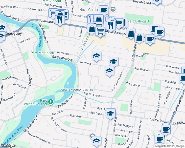 map of restaurants, bars, coffee shops, grocery stores, and more near 55 Rue Lautrec in Châteauguay