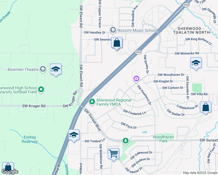 map of restaurants, bars, coffee shops, grocery stores, and more near 22830 Southwest Forest Creek Drive in Sherwood